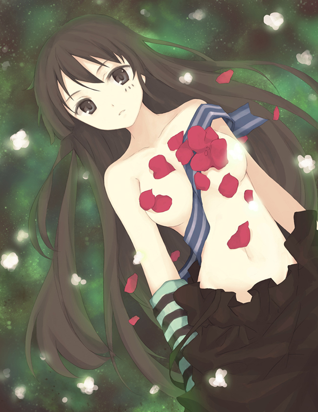 moai (aoh), akiyama mio, don't say "lazy", k-on!, striped, bad id, bad pixiv id, 00s, 1girl, black eyes, black hair, blunt bangs, breasts, clothes pull, dress pull, elbow gloves, facepaint, female focus, from above, gloves, hime cut, long hair, navel, outdoors, petals, solo, topfreedom, topless female, very long hair