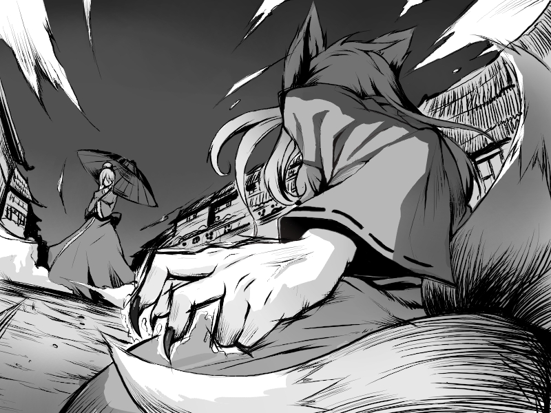 morino hon, yakumo ran, yakumo yukari, touhou, 2girls, animal ears, architecture, east asian architecture, female focus, fingernails, fox ears, fox tail, greyscale, hair bun, holding, holding umbrella, long fingernails, monochrome, multiple girls, oil-paper umbrella, outdoors, perspective, sharp fingernails, single hair bun, sky, standing, tail, umbrella