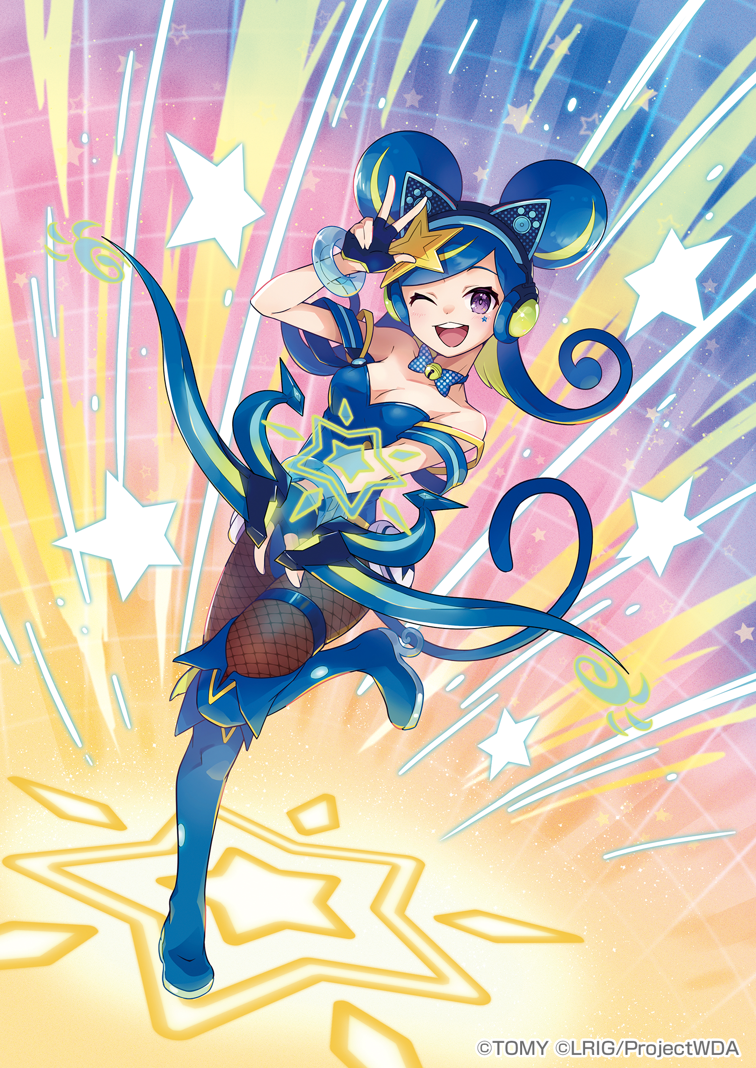 peron (niki2ki884), milulun (wixoss), wixoss, highres, official art, 1girl, animal ear headphones, animal ears, black boots, blue choker, blue dress, boots, cat ear headphones, cat ears, choker, copyright notice, double bun, dress, fake animal ears, fingerless gloves, fishnet pantyhose, fishnets, gloves, hair bun, headphones, high heel boots, high heels, holding, holding wand, looking at viewer, medium hair, open mouth, pantyhose, purple eyes, smile, solo, wand