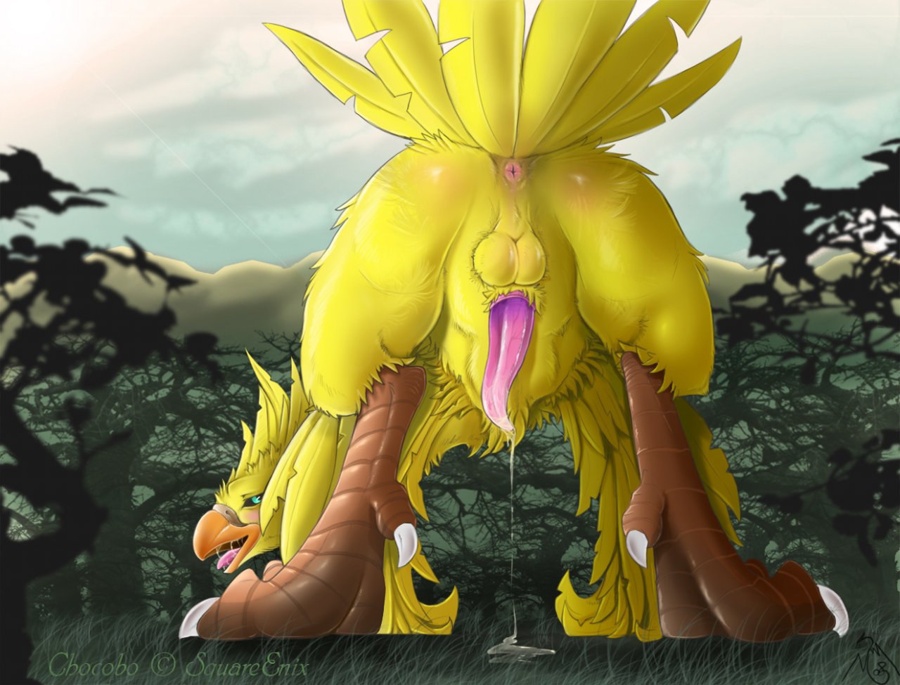 narse (artist), chocobo, final fantasy, anus, ass, beak, bent over, bird, blush, claws, cum, cumdrip, furry, looking back, naughty face, presenting, saliva