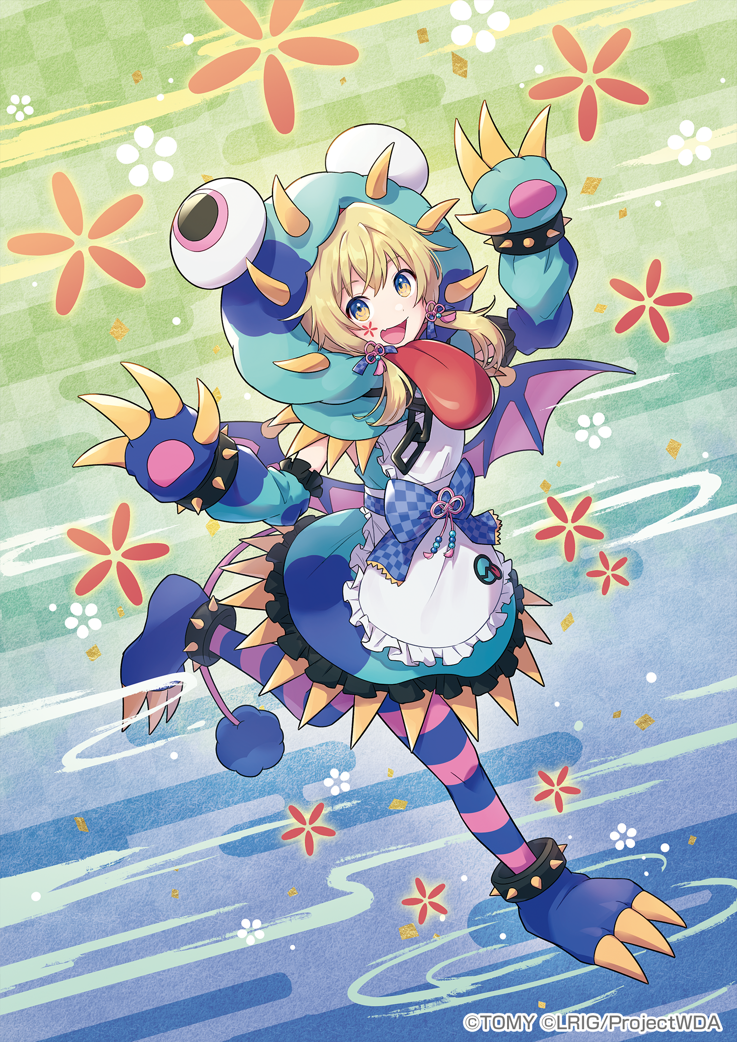 peron (niki2ki884), wixoss, highres, official art, 1girl, black pantyhose, blonde hair, blue dress, copyright notice, dr. tamago, dress, fang, looking at viewer, medium hair, open mouth, pantyhose, purple pantyhose, sidelocks, skin fang, smile, solo, striped clothes, striped pantyhose, yellow eyes