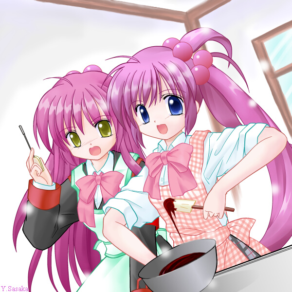 sasaka yayoi, futaki kanata, saigusa haruka, little busters!, 2girls, apron, blue eyes, bowl, chocolate, long hair, multiple girls, purple hair, school uniform, siblings, side ponytail, sisters, sleeves rolled up, spatula, valentine, yellow eyes