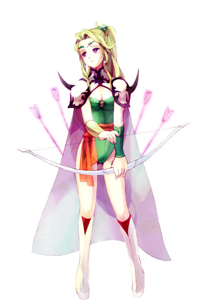 shako, rosa farrell, final fantasy, final fantasy iv, bad id, bad pixiv id, 1990s (style), 1girl, arrow (projectile), blonde hair, boots, bow (weapon), breasts, camisole, cleavage, female focus, full body, large breasts, long hair, purple eyes, retro artstyle, simple background, solo, weapon, white background