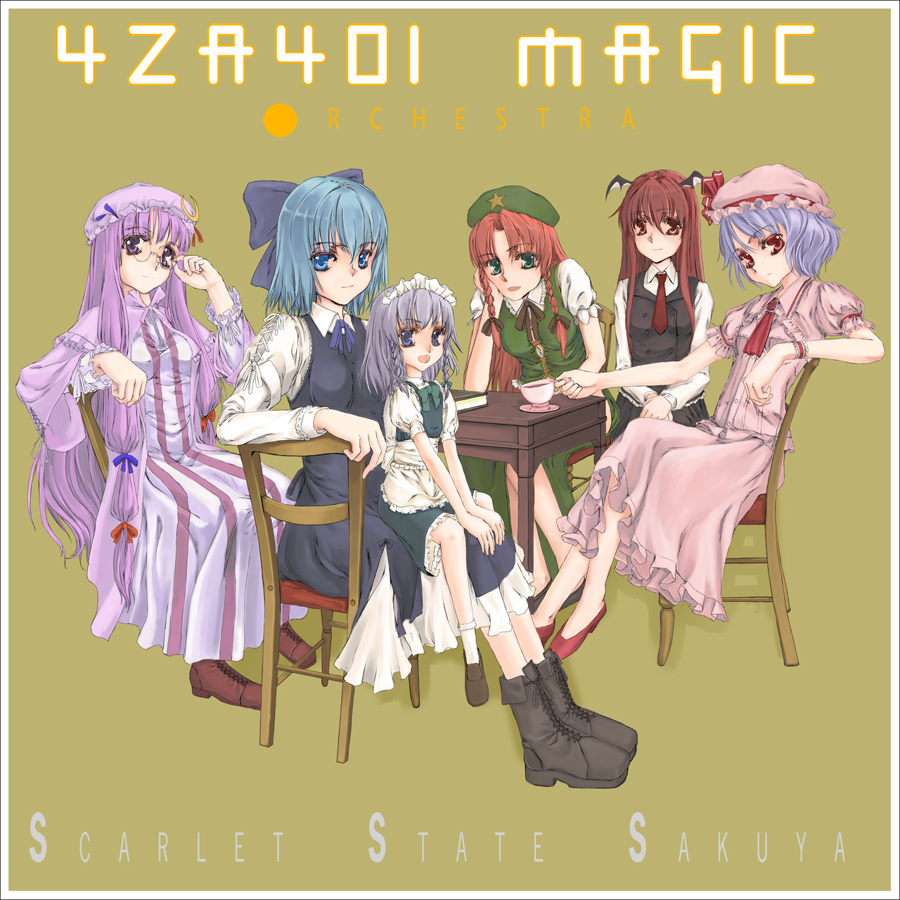 yunoka gashu, cirno, cirno-nee, hong meiling, izayoi sakuya, koakuma, patchouli knowledge, remilia scarlet, embodiment of scarlet devil, solid state survivor, touhou, yellow magic orchestra, highres, 6+girls, adjusting eyewear, aged down, aged up, bespectacled, blue eyes, blue hair, boots, braid, child, cup, glasses, green eyes, hat, head wings, lace-up boots, multiple girls, necktie, pac-man eyes, purple eyes, purple hair, red eyes, red hair, table, teacup, twin braids, wings