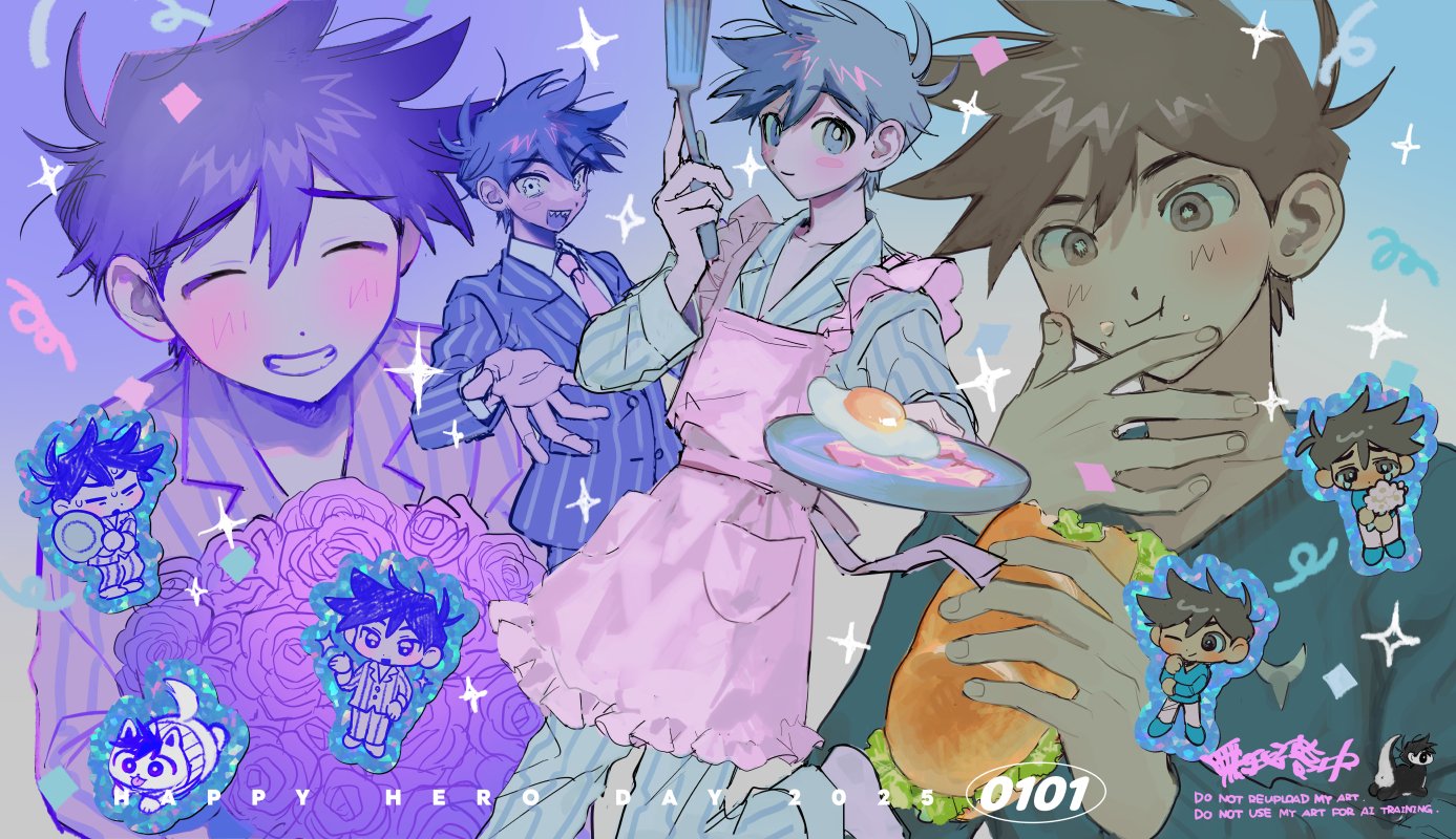 bossman hero, hero (faraway) (omori), hero (headspace) (omori), hero (omori), omori, 2025, 3boys, :d, :o, alternate eye color, antenna hair, apron, bacon, barefoot, blue background, blue pants, blue shirt, blue suit, blue sweater, blush, bouquet, bread, bright pupils, brown eyes, brown hair, character name, chibi, chibi inset, closed mouth, collarbone, collared shirt, colored skin, confetti, cowboy shot, cross-eyed, dark-skinned male, dark skin, dated, dinosaur, double-parted bangs, dual persona, eating, eyebrows hidden by hair, facing viewer, fingernails, flower, food, food on face, formal clothes, fried egg, frilled apron, frills, frying pan, gradient background, grin, hair behind ear, hair between eyes, hands up, happy birthday, herosaurus (omori), holding, holding bouquet, holding food, holding frying pan, holding plate, holding sandwich, holding spatula, jacket, lettuce, long sleeves, looking at viewer, male focus, mmmm 0q, multiple boys, multiple persona, necktie, official alternate eye color, one eye closed, open mouth, pajamas, pants, pink apron, pink flower, pink necktie, pink rose, pinstripe jacket, pinstripe pants, pinstripe pattern, pinstripe suit, plate, purple background, purple eyes, purple hair, purple jacket, purple pants, raised inner eyebrows, reaching, reaching towards viewer, red flower, red necktie, red rose, rose, sandwich, sharp teeth, shirt, short hair, simple background, smile, sparkle, spatula, standing, standing on one leg, striped clothes, striped pajamas, striped pants, striped shirt, suit, sweat, sweater, teeth, tongue, upper body, upper teeth only, v-neck, vertical-striped clothes, vertical-striped pajamas, vertical-striped pants, vertical-striped shirt, very short hair, watermark, white eyes, white pants, white pupils, white shirt, white skin