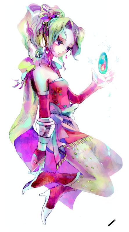shako, tina branford, final fantasy, final fantasy vi, bad id, bad pixiv id, traditional media, 1990s (style), 1girl, colorful, crystal, earrings, elbow gloves, female focus, gloves, hair ribbon, high heels, jewelry, magicite, multicolored hair, pantyhose, rainbow gradient, retro artstyle, ribbon, shoes, skirt, solo