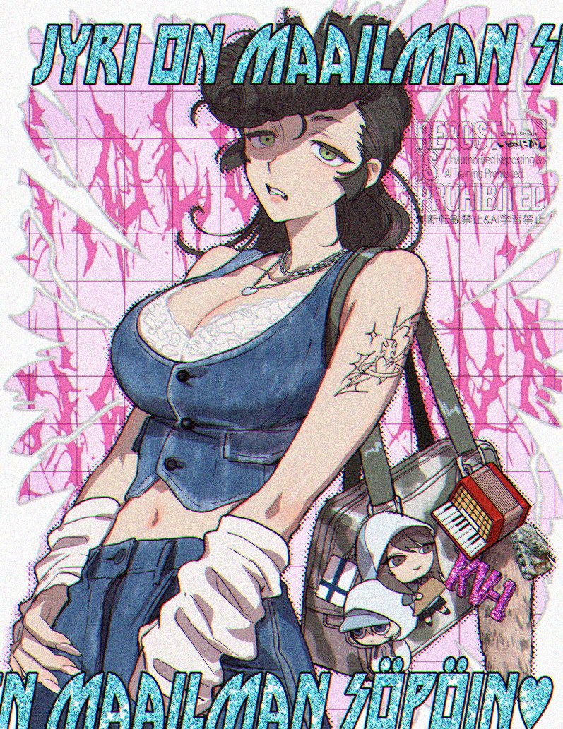 katsuoboshi, yuri (girls und panzer), girls und panzer, tagme, 1girl, breasts, buttons, cleavage, green eyes, large breasts, looking at viewer, midriff, navel, pants, pompadour, tattoo