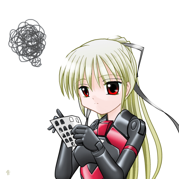 sasaka yayoi, arnval, bingo (game), busou shinki, 10s, 1girl, alternate costume, angry, blonde hair, card, female focus, holding, holding card, ponytail, red eyes, solo, squiggle