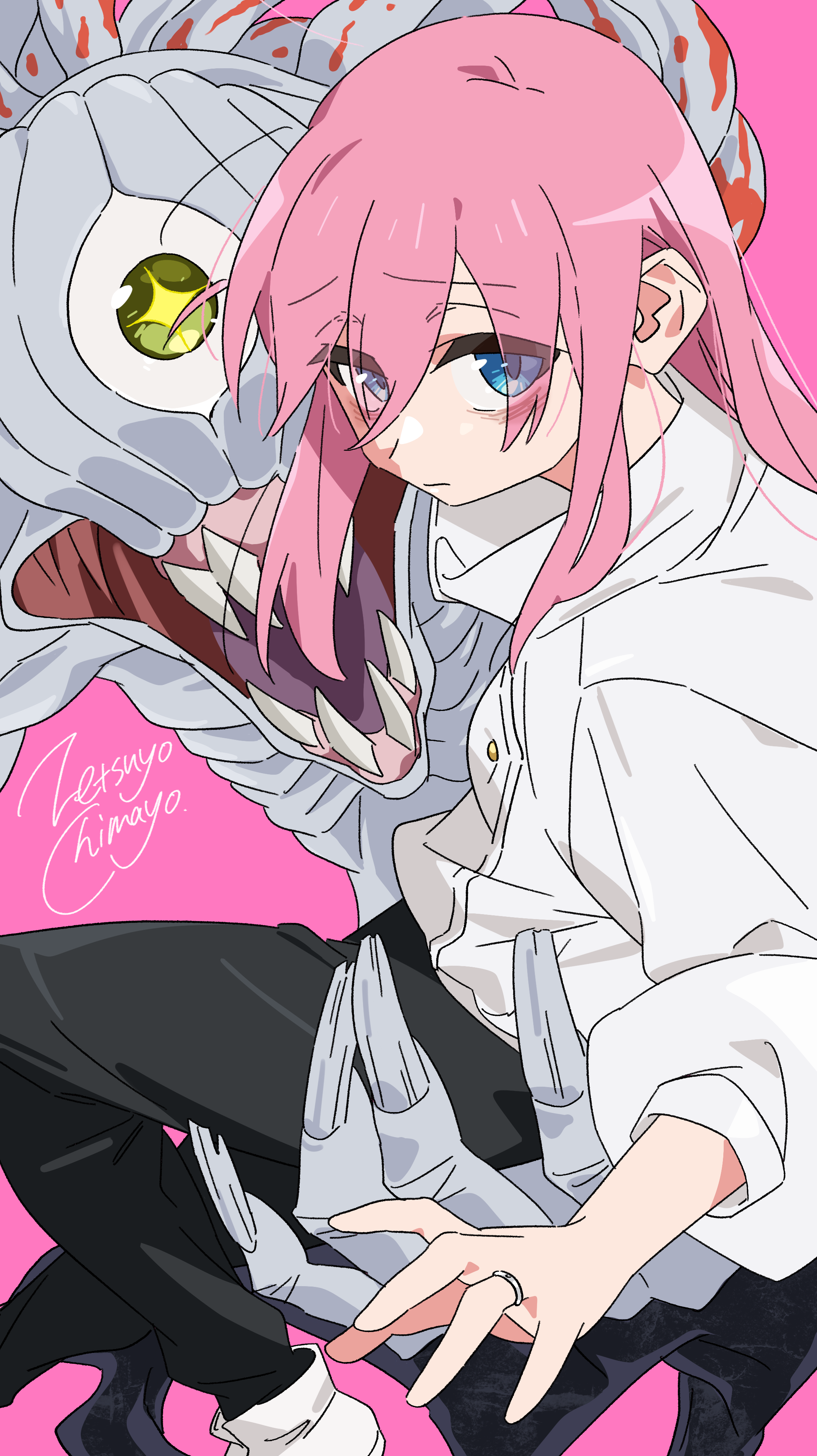 zetsuyo chimayo, gotoh hitori, kita ikuyo, okkotsu yuuta, orimoto rika, bocchi the rock!, jujutsu kaisen, absurdres, highres, + +, 1girl, artist name, bags under eyes, black pants, blue eyes, carrying, carrying person, cosplay, eyes visible through hair, jewelry, long hair, looking at viewer, monster, okkotsu yuuta (cosplay), one-eyed, pants, parody, pink background, pink hair, ring, shirt, shoes, sidelocks, signature, simple background, white shirt, white shoes, yellow eyes