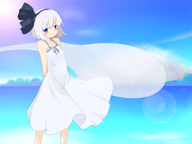 katanakko daisuki, katanako daisuki, konpaku youmu, konpaku youmu (ghost), touhou, silver hair, bad id, bad pixiv id, 1girl, arms behind back, bare shoulders, blue eyes, blush, day, dress, female focus, flat chest, hairband, hitodama, lens flare, ocean, outdoors, sky, smile, solo, standing, sundress, water