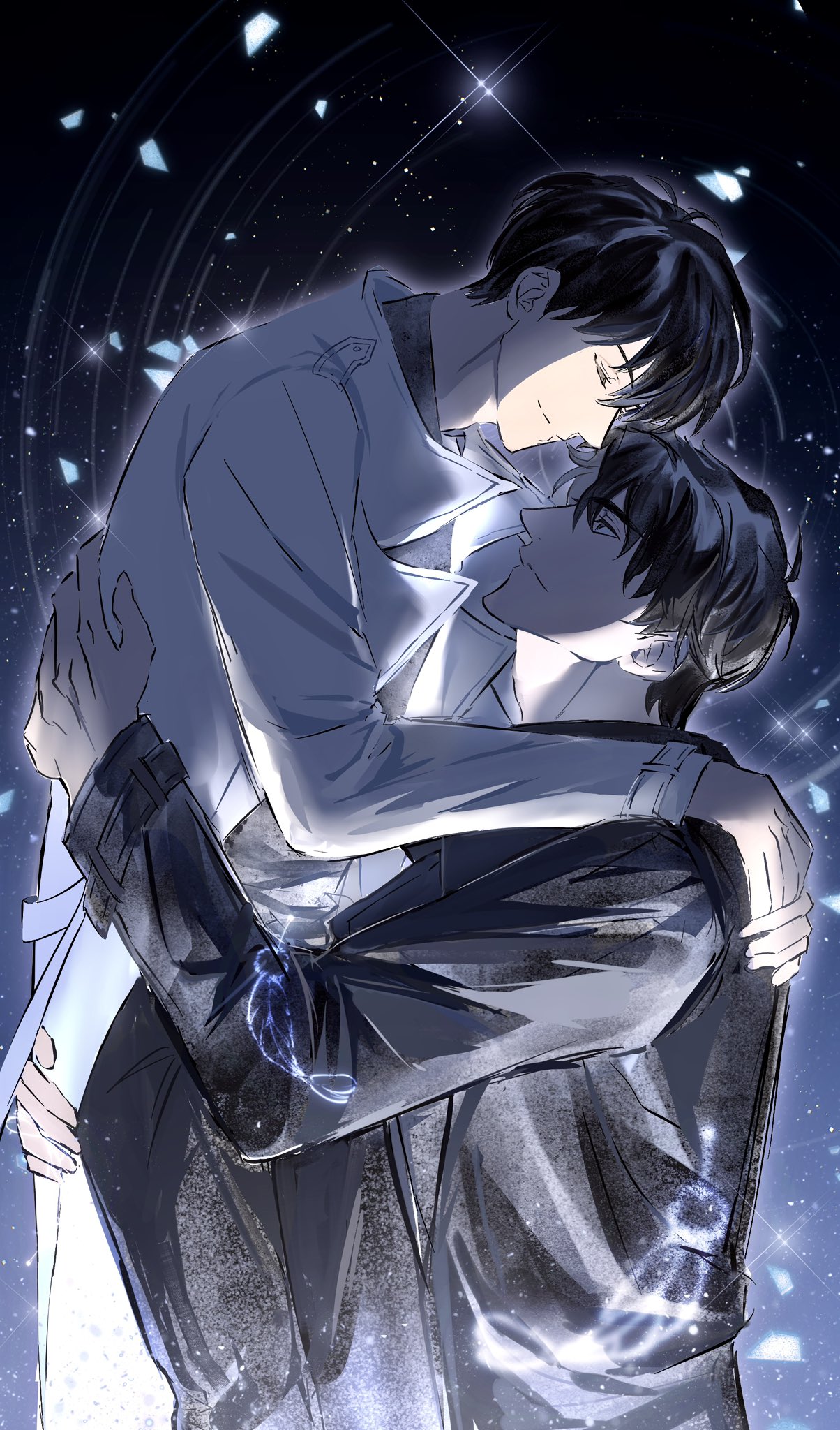 kim dokja, yoo joonghyuk, omniscient reader's viewpoint, highres, 2boys, 8d2suga9, black coat, black eyes, black hair, closed eyes, coat, cowboy shot, curtained hair, hand on another's back, hand on another's shoulder, lifting person, looking at another, male focus, multiple boys, open clothes, open coat, popped collar, short hair, sky, smile, space, star (sky), star trail, starry sky, underlighting, white coat, yaoi