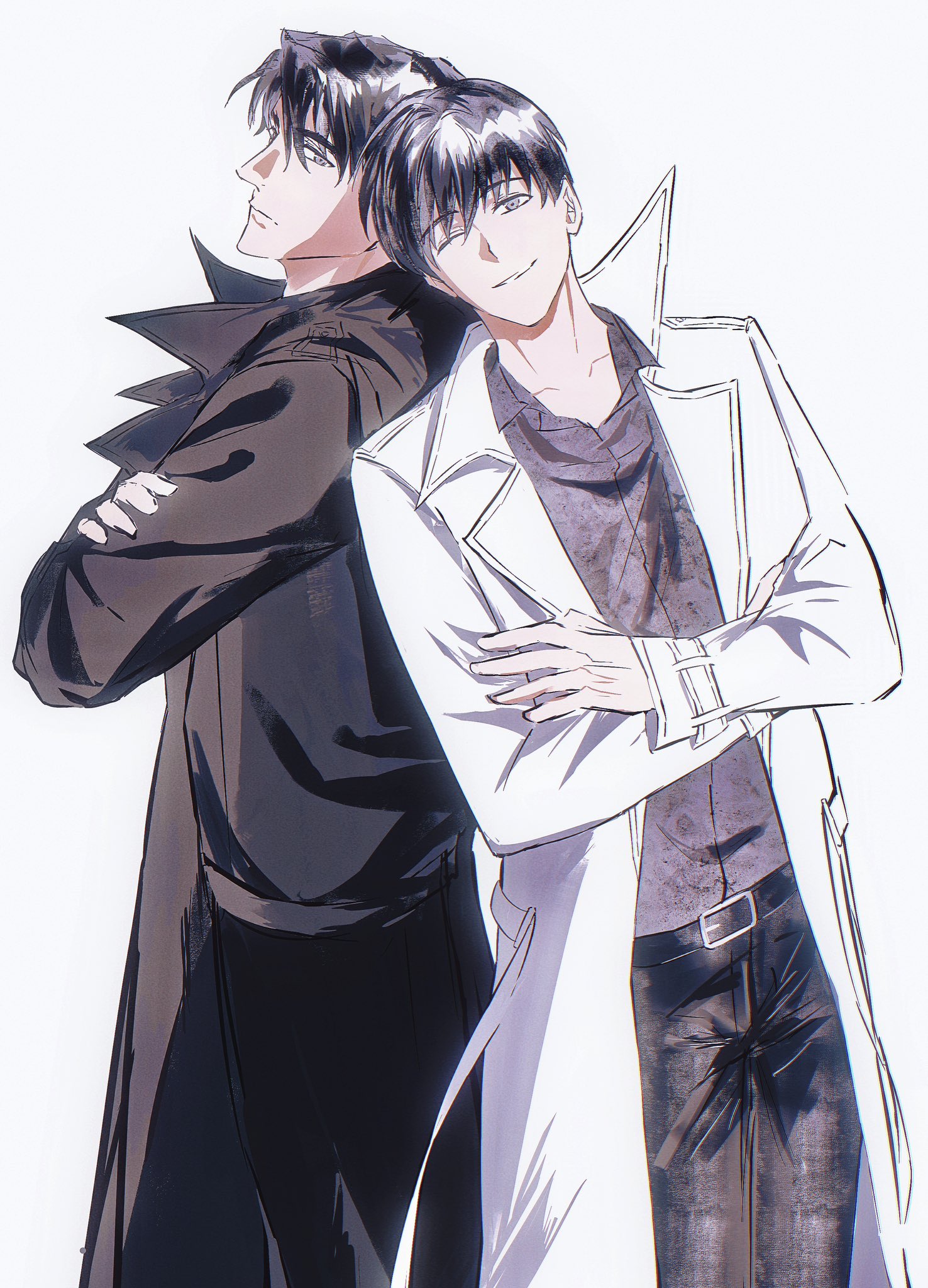 kim dokja, yoo joonghyuk, omniscient reader's viewpoint, highres, 2boys, 8d2suga9, back-to-back, black coat, black hair, black shirt, coat, collared shirt, cowboy shot, crossed arms, expressionless, looking at viewer, male focus, multiple boys, one eye closed, open clothes, open coat, popped collar, shirt, short hair, smirk, white coat