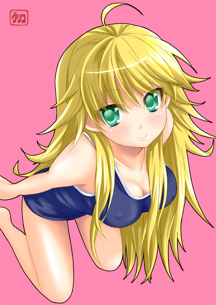 pengin guriko, hoshii miki, idolmaster, idolmaster (classic), non-web source, 00s, 1girl, blonde hair, breasts, covered erect nipples, female focus, foreshortening, green eyes, kneeling, long hair, one-piece swimsuit, school swimsuit, simple background, smile, solo, swimsuit