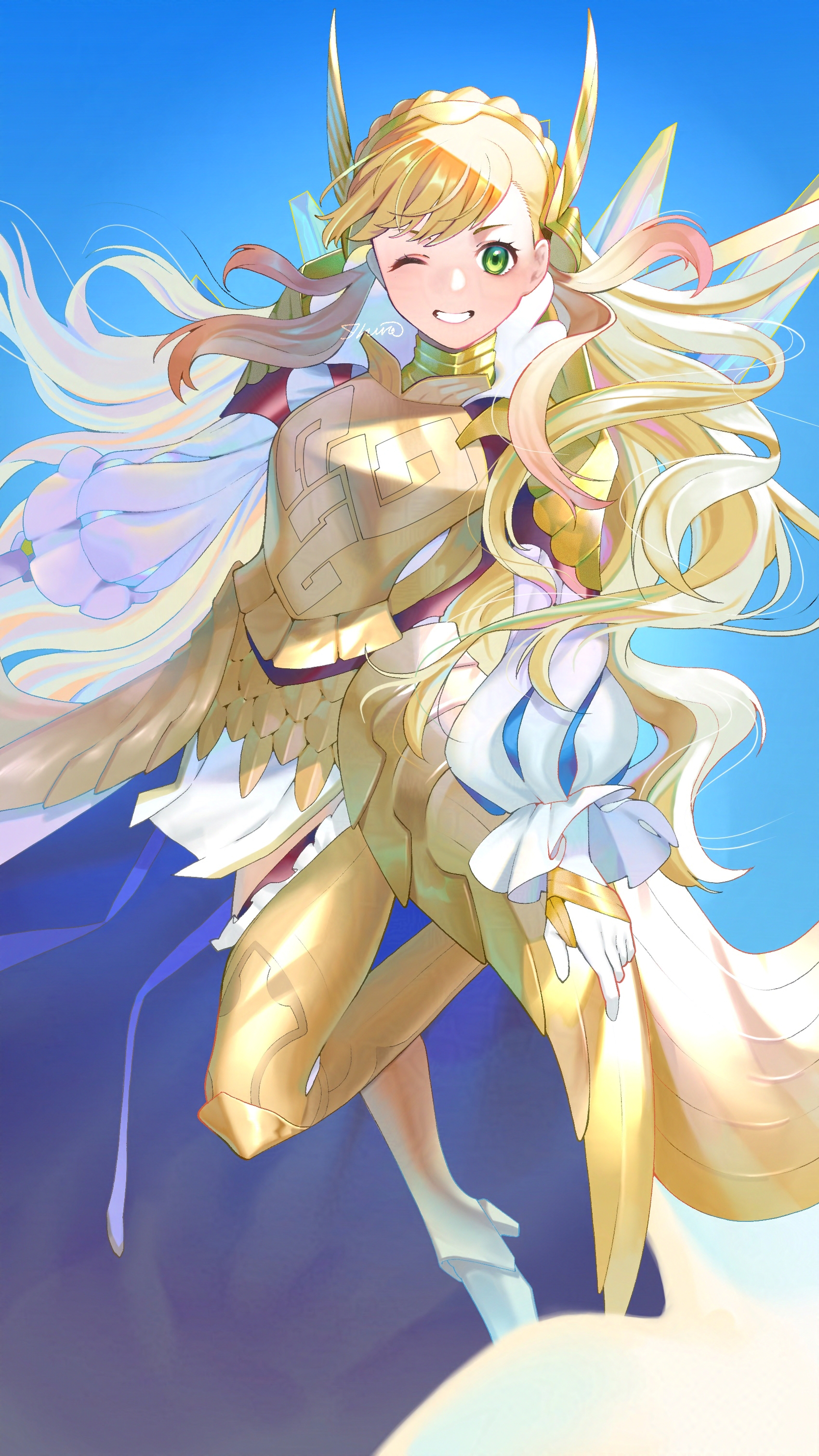 ikura (downdexp), sharena (borrowed divinity) (fire emblem), sharena (fire emblem), fire emblem, fire emblem heroes, nintendo, absurdres, commentary request, highres, 1girl, armor, armored boots, blonde hair, blue cape, blue sky, boots, braid, breastplate, breasts, cape, crown braid, floating hair, foot up, frilled sleeves, frills, full body, gloves, gold armor, gradient hair, green eyes, long hair, looking at viewer, medium breasts, multicolored hair, official alternate costume, one eye closed, parted lips, pink hair, puffy sleeves, sky, solo, thighs, two-tone hair, white gloves