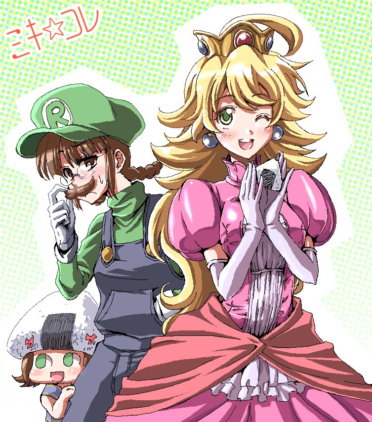 fuugetsu makoto, akizuki ritsuko, amami haruka, hoshii miki, luigi, nonowa, princess peach, toad (mario), idolmaster, idolmaster (classic), mario (series), nintendo, 3girls, ;d, ahoge, blonde hair, blush, braid, brown eyes, brown hair, cosplay, costume, crown, dress, earrings, elbow gloves, facial hair, fake facial hair, fake mustache, food, food-themed clothes, food as clothes, glasses, gloves, green eyes, hat, hat ribbon, holding, holding food, jewelry, long hair, luigi (cosplay), multiple girls, mustache, oekaki, one eye closed, onigiri, open mouth, overalls, pink dress, princess peach (cosplay), ribbon, smile, sushi, sweatdrop, toad (cosplay), turtleneck, twin braids, wink