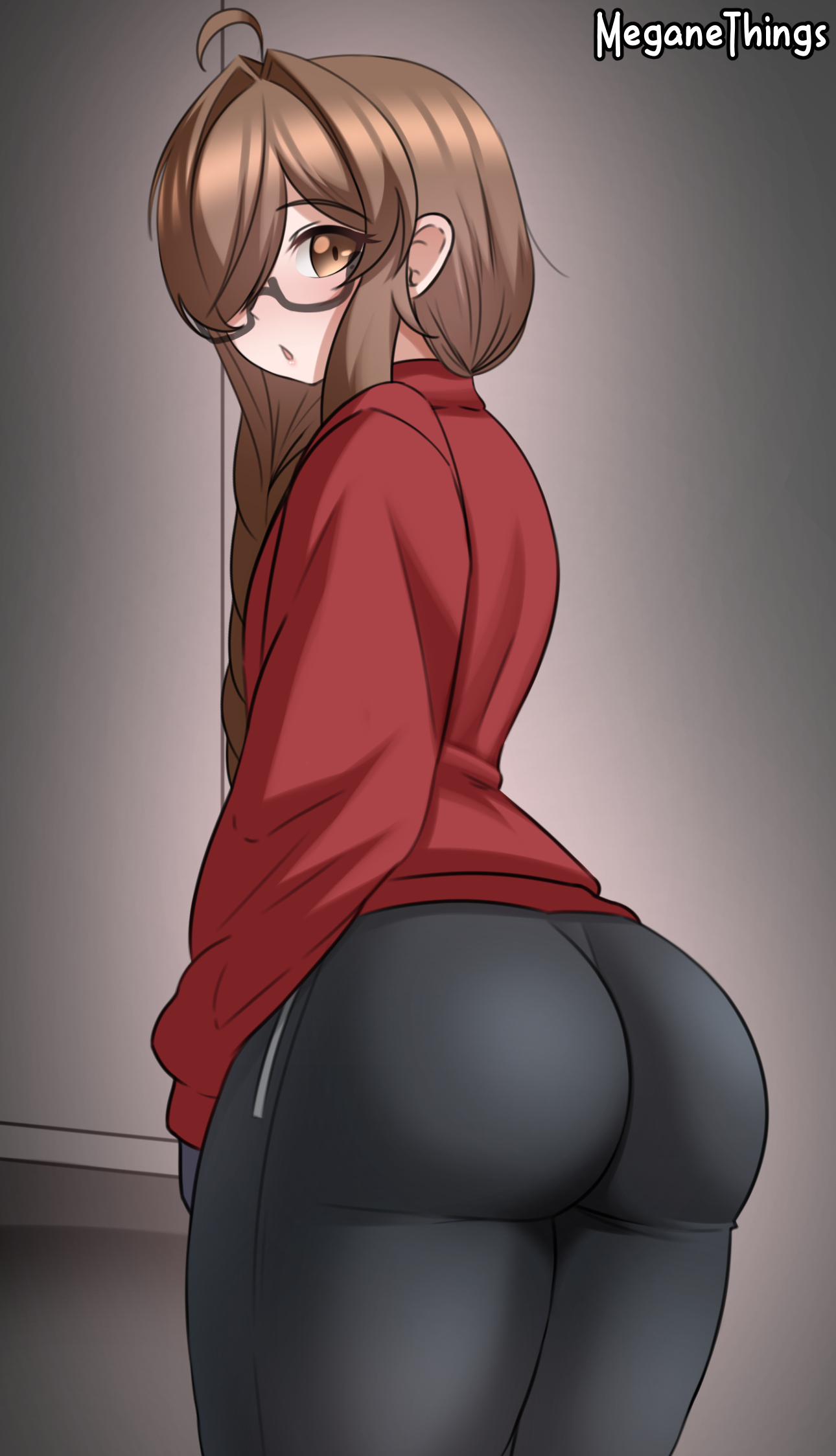 meganethings, yume (meganethings), original, commentary, english commentary, highres, 1boy, ahoge, artist name, ass, black pants, brown eyes, brown hair, cowboy shot, from behind, glasses, grey background, hair over one eye, long hair, long sleeves, looking at viewer, looking back, male focus, one eye covered, open mouth, pants, parted bangs, parted lips, red shirt, shirt, simple background, solo, tight clothes, tight pants, trap