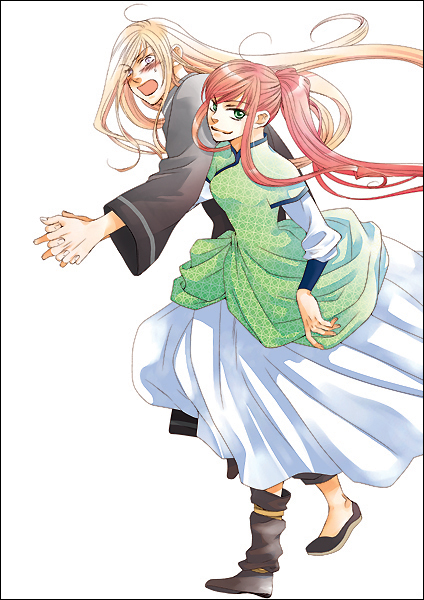 yakkai san, keiki (juuni kokuki), nakajima youko, juuni kokuki, bad id, bad pixiv id, blonde hair, blush, changpao, chinese clothes, dress, embarrassed, green eyes, long hair, red hair, shoes, smirk