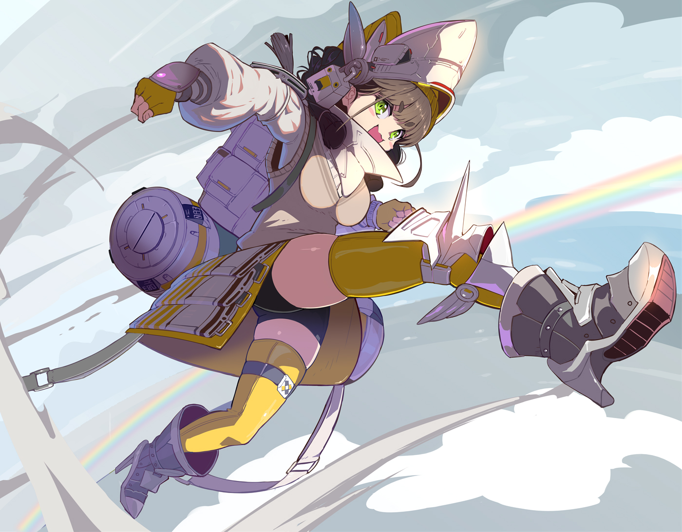 syope, chime (nikke), goddess of victory: nikke, commentary request, 1girl, backpack, bag, black shorts, boots, breasts, brown hair, brown vest, fingerless gloves, gloves, grey boots, helmet, high heel boots, high heels, jacket, long sleeves, looking at viewer, medium breasts, midair, open mouth, rainbow, shorts, skindentation, smile, solo, sweater vest, thick eyebrows, thighhighs, thighs, vest, white jacket, yellow eyes, yellow thighhighs