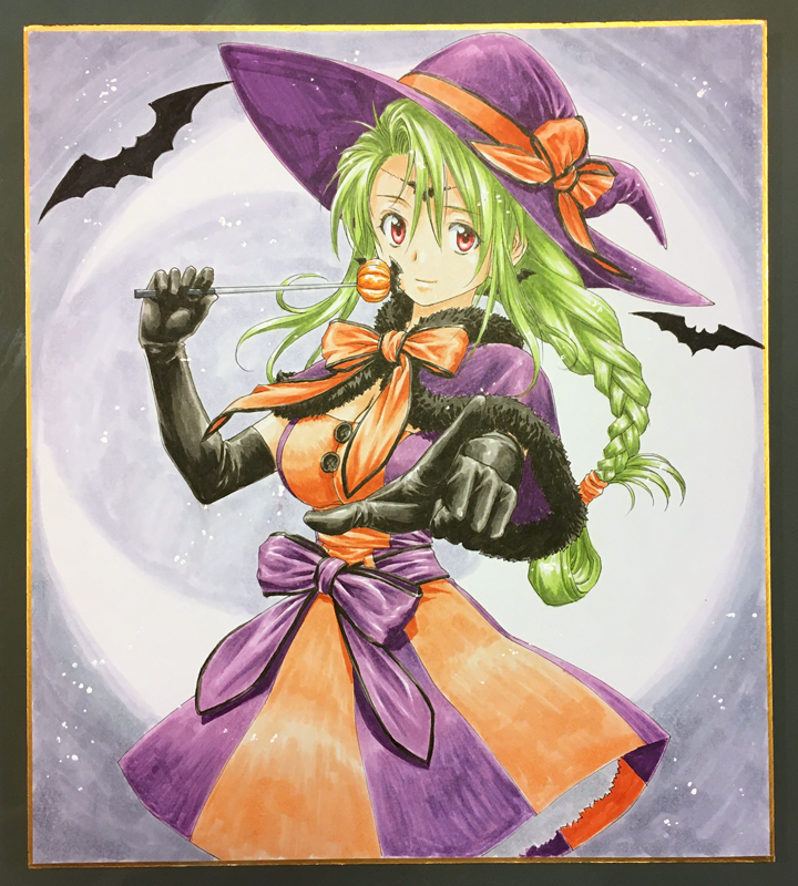 kimura akihiro, traditional media, 1girl, braid, breasts, cleavage, closed mouth, dress, elbow gloves, emerald dragon, gloves, halloween, halloween costume, hat, long hair, looking at viewer, pointing, pointing at viewer, single braid, skirt, smile, solo, striped clothes, striped dress, tamrin (emerald dragon), witch hat