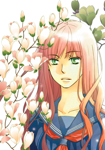 yakkai san, nakajima youko, juuni kokuki, bad id, bad pixiv id, 1girl, female focus, flower, green eyes, long hair, looking at viewer, red hair, school uniform, serafuku, solo, upper body