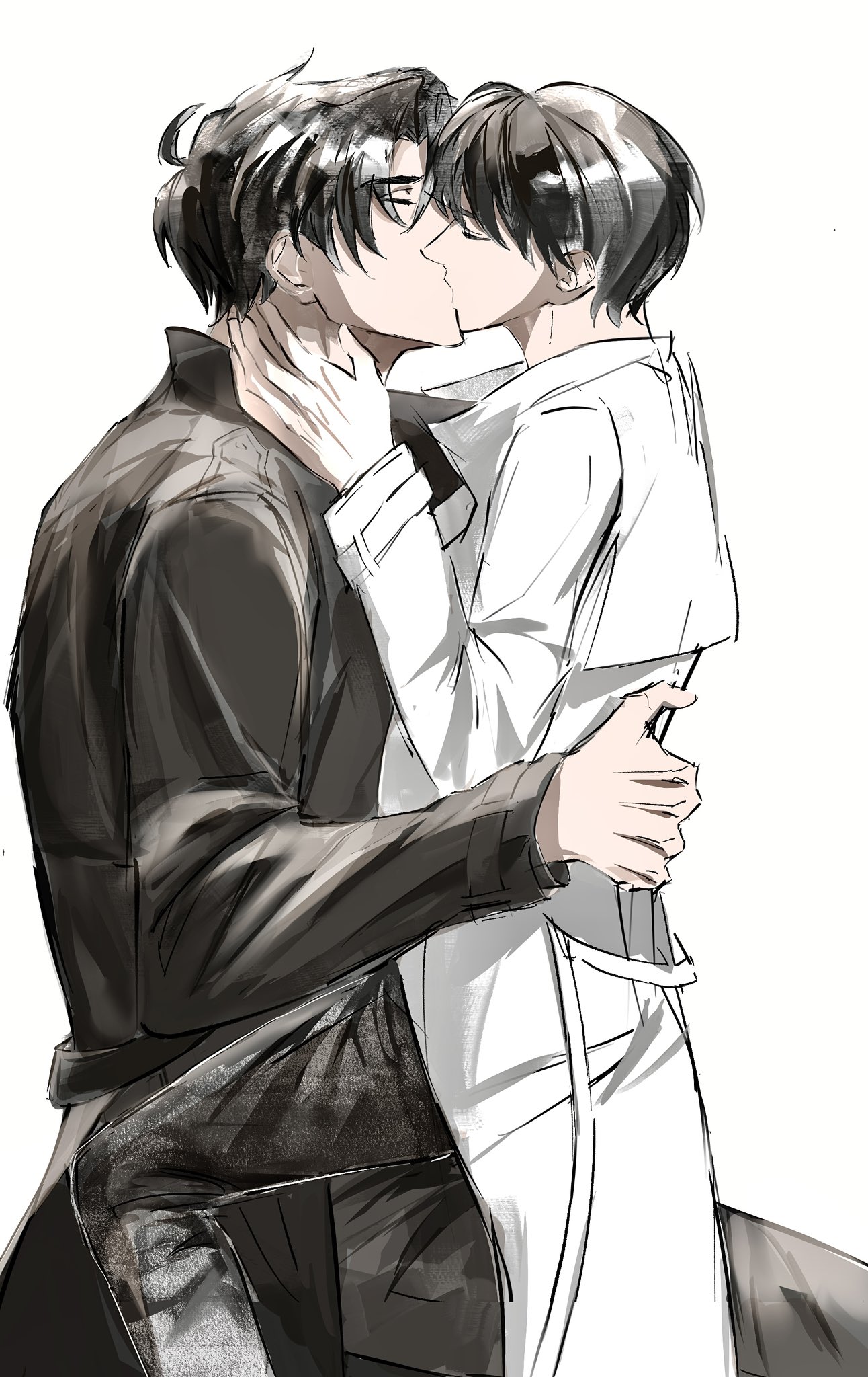 kim dokja, yoo joonghyuk, omniscient reader's viewpoint, highres, 2boys, 8d2suga9, arm around waist, black coat, black hair, closed eyes, coat, cowboy shot, curtained hair, hand on another's neck, kiss, knee up, leg lock, male focus, multiple boys, open clothes, open coat, popped collar, short hair, sitting, sitting on lap, sitting on person, white coat, yaoi