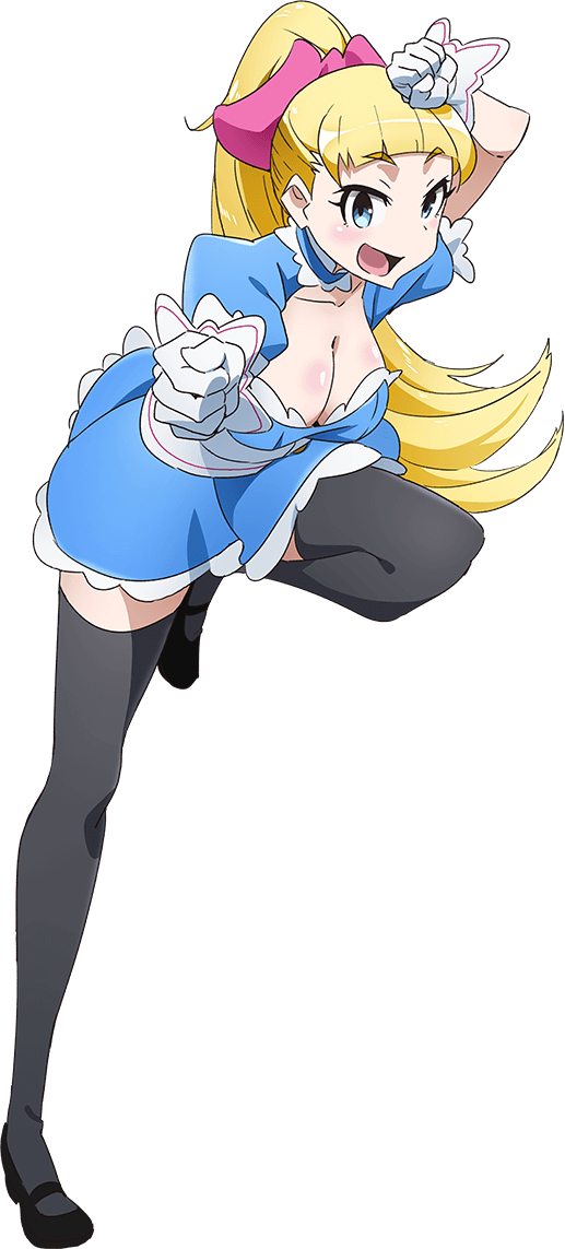 arisa ahokainen, akiba's trip, akiba's trip the animation, official art, 1girl, black shoes, black thighhighs, blonde hair, blue dress, blue eyes, bow, breasts, choker, cleavage, dress, full body, gloves, hair bow, large breasts, long hair, mary janes, open mouth, pink bow, ponytail, puffy short sleeves, puffy sleeves, shoes, short sleeves, smile, solo, standing, standing on one leg, thighhighs, transparent background, white gloves