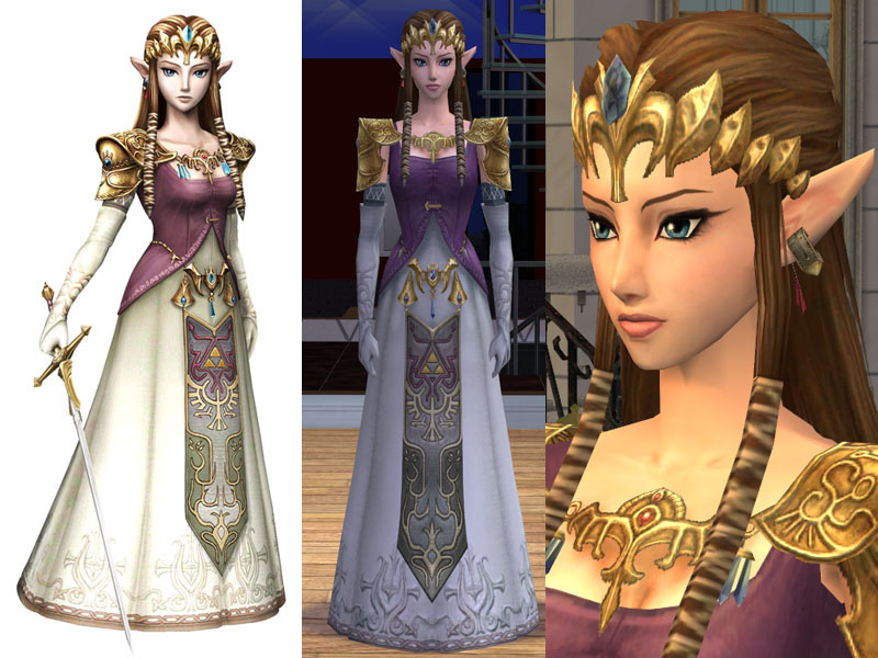 princess zelda, nintendo, the legend of zelda, render, blue eyes, brown hair, long hair, sword, weapon