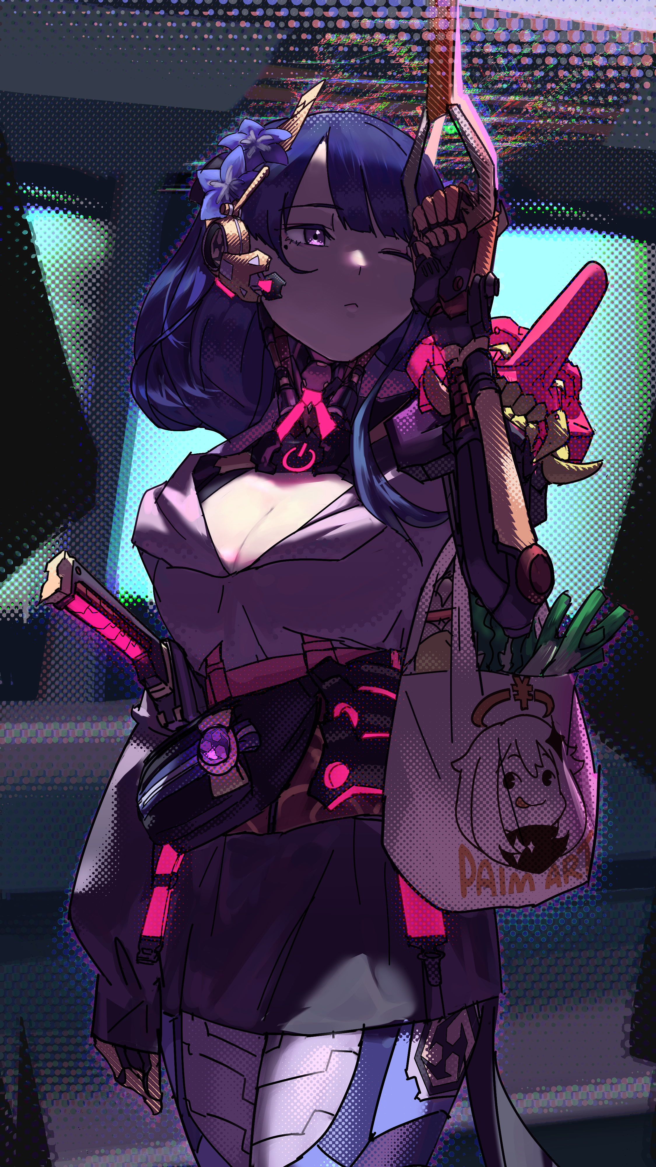 bakage, paimon (genshin impact), raiden shogun, genshin impact, absurdres, highres, 1girl, alternate costume, alternate hairstyle, alternate universe, bag, blurry, blurry background, bodysuit, breasts, cleavage, cyberpunk, fanny pack, flower, flower ornament, food, glitch, glowing, grocery bag, hair ornament, head tilt, headpiece, humanoid robot, indoors, japanese clothes, katana, large breasts, long hair, mask on shoulder, mitsudomoe (shape), mole, mole under eye, motion blur, one eye closed, power symbol, purple eyes, purple flower, purple hair, robot, shade, shopping bag, solo, standing, sword, tomoe (symbol), train interior, weapon