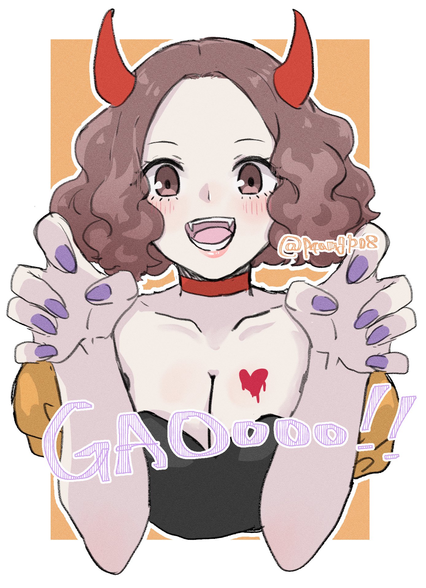 chako (p4amg1208), okumura haru, persona, persona 5, fluffy hair, commentary request, highres, 1girl, blush, border, breasts, brown eyes, brown hair, choker, claw pose, cleavage, collarbone, cropped torso, demon horns, fangs, forehead, gao, halloween, halloween costume, heart, horns, looking at viewer, medium breasts, nail polish, open mouth, outside border, parted bangs, purple nails, red choker, short hair, solo, straight-on, upper body, white border