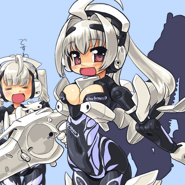 ach, dd (ijigendd), yda, busou shinki, 10s, armor, breasts, doll joints, joints, mecha musume, pink eyes, ponytail, twintails, white hair