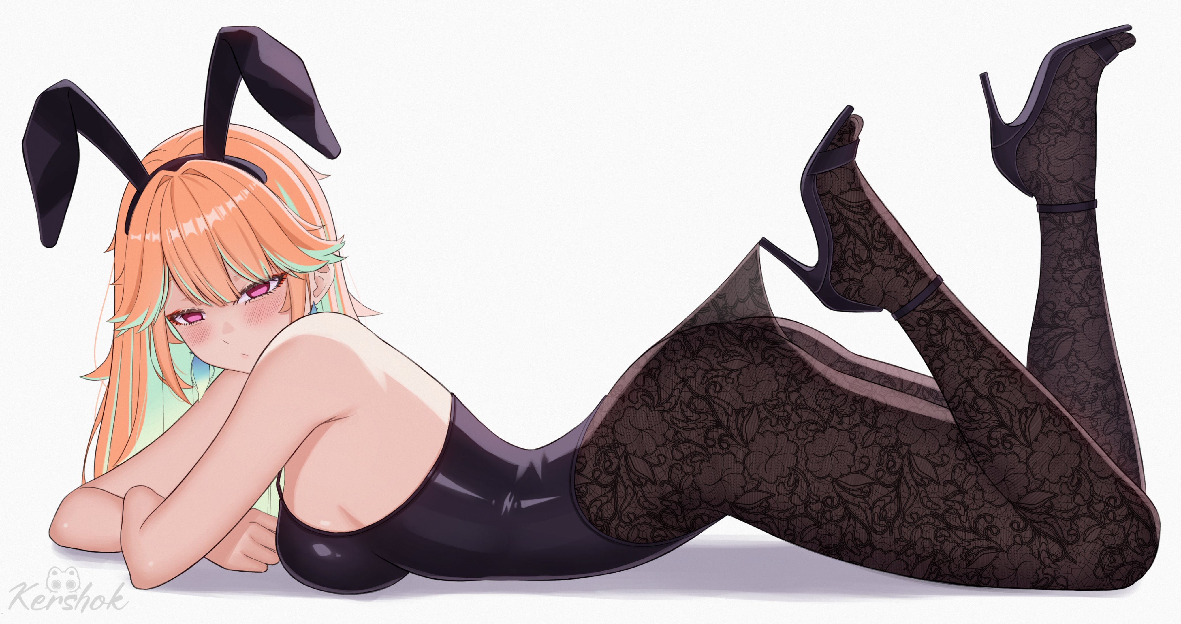 kershok, takanashi kiara, hololive, absurdres, highres, 1girl, alternate costume, animal ears, artist name, bare shoulders, blush, breasts, cleavage, closed mouth, dot mouth, earrings, fake animal ears, feather earrings, feathers, gloves, gradient hair, green hair, hand on own cheek, hand on own face, jewelry, lace pantyhose hooked on heel (meme), large breasts, leotard, long hair, looking at viewer, meme, multicolored hair, open mouth, orange hair, playboy bunny, purple eyes, shadow, sideboob, solo, strapless, strapless leotard, virtual youtuber, white background