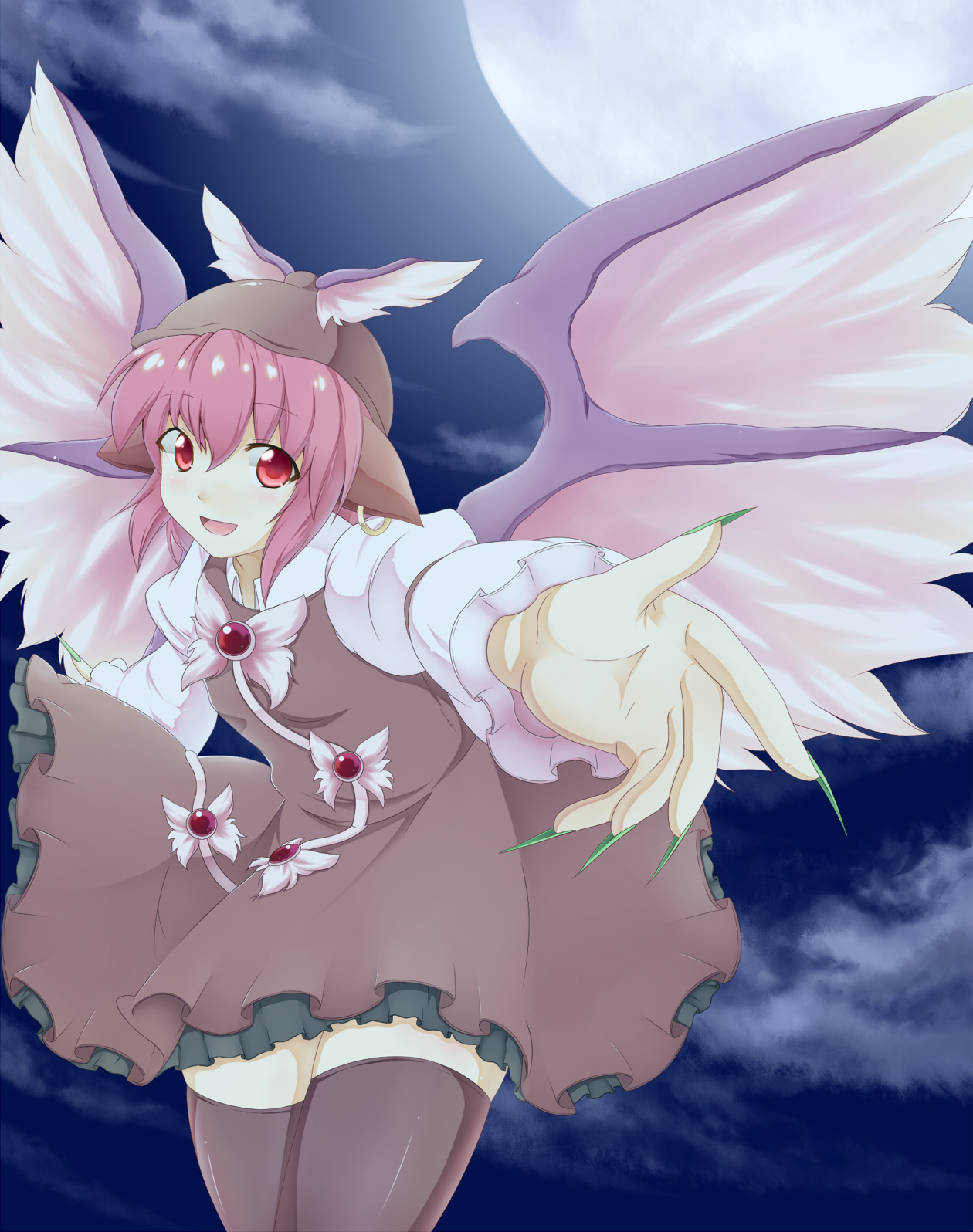 fuuen (akagaminanoka), mystia lorelei, touhou, bad id, bad pixiv id, highres, 1girl, animal ears, beckoning, earrings, female focus, fingernails, foreshortening, full moon, green nails, hat, jewelry, long fingernails, moon, nail (hardware), nail polish, night, pink hair, red eyes, short hair, smile, solo, thighhighs, wings, zettai ryouiki