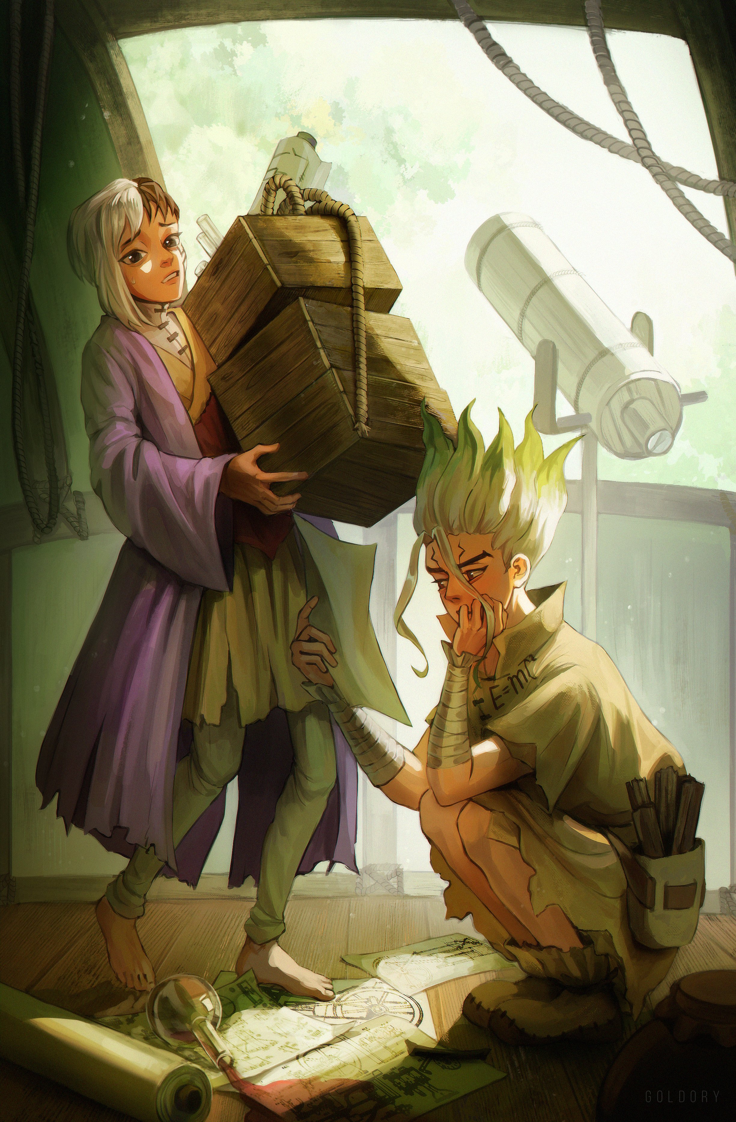 goldory, asagiri gen, ishigami senkuu, dr. stone, absurdres, highres, 2boys, bandaged arm, bandages, barefoot, black hair, box, brothers, compass, crate, green hair, holding, holding map, holding paper, indoors, male focus, map, multicolored hair, multiple boys, pants, paper, robe, rope, scroll, siblings, spiked hair, squatting, standing, telescope, two-tone hair, white hair, wooden floor