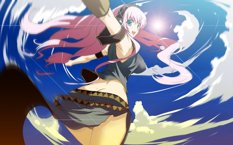 murasame nohito, megurine luka, double lariat (vocaloid), vocaloid, aqua eyes, breasts, butt crack, cloud, day, large breasts, long hair, midriff, motion blur, panties, pantyshot, pink hair, sky, smile, solo, sun, underwear