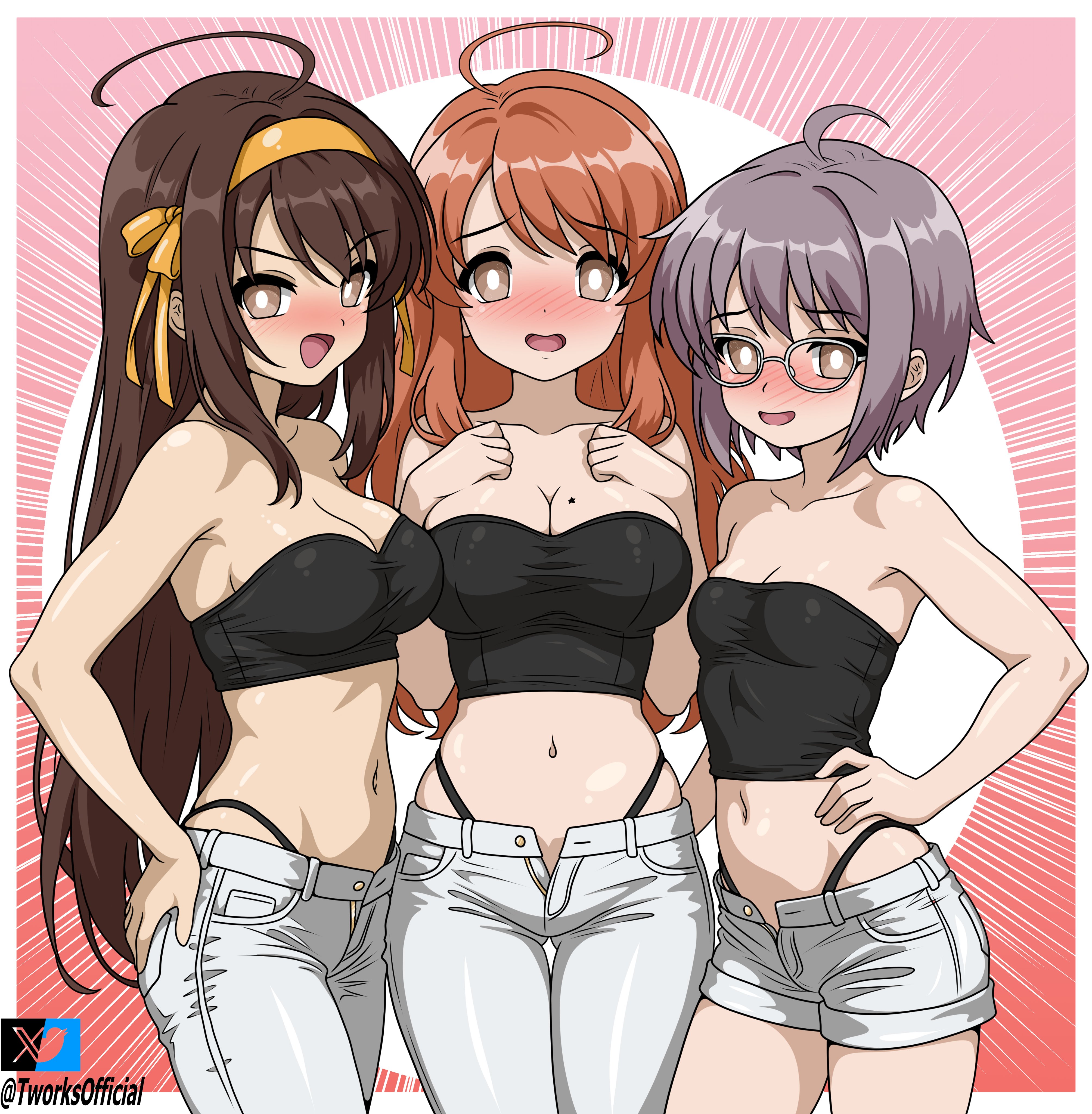 t-works, asahina mikuru, nagato yuki, suzumiya haruhi, suzumiya haruhi no yuuutsu, absurdres, highres, 3girls, breasts, brown eyes, brown hair, glasses, grey hair, hairband, hand on own hip, large breasts, long hair, looking at viewer, medium breasts, multiple girls, orange hair, orange hairband, short hair, shorts, small breasts, strapless, tube top