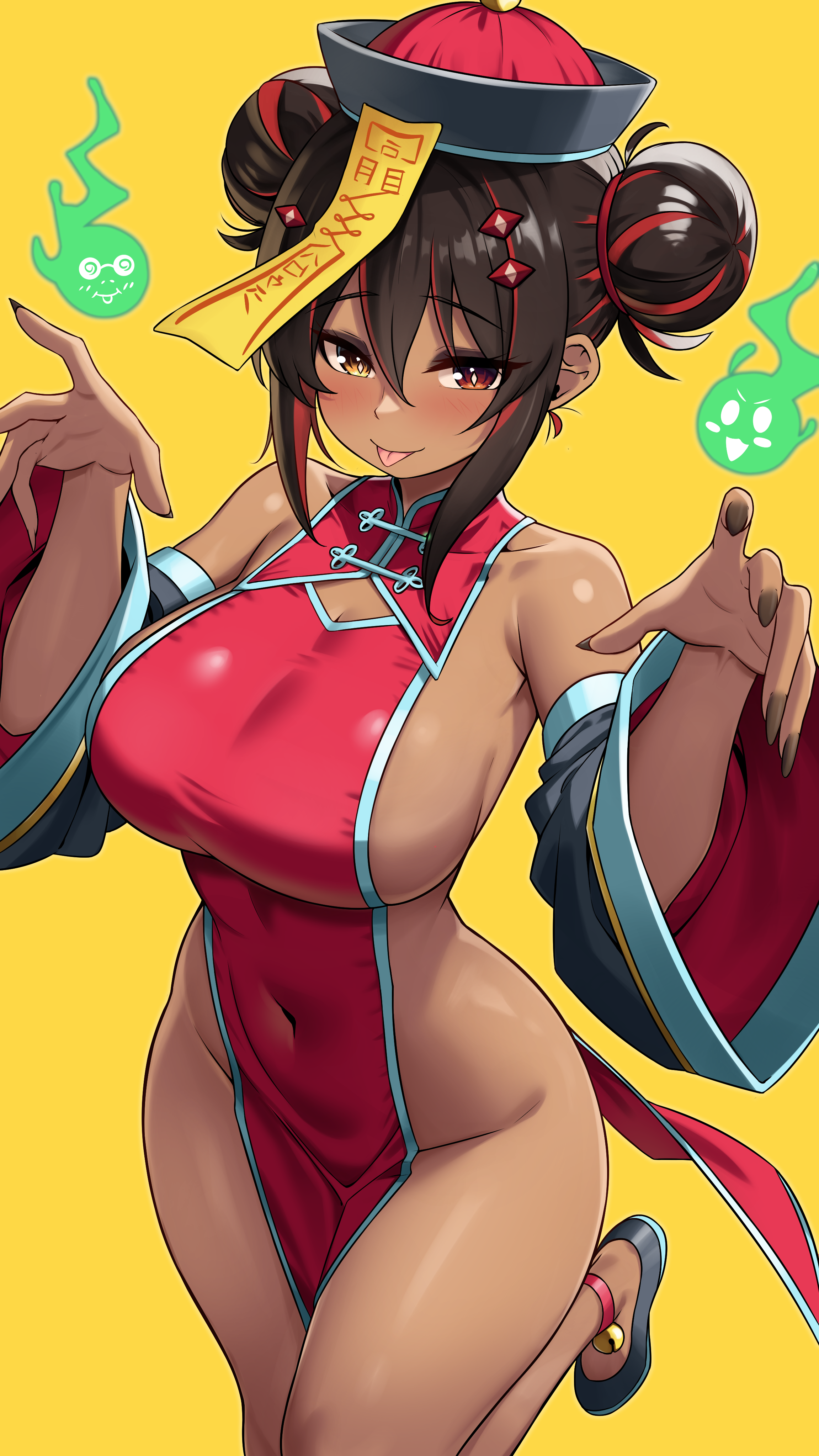 scrapy, original, absurdres, commentary, highres, 1girl, black hair, black nails, blush, breasts, china dress, chinese clothes, covered navel, dark-skinned female, dark skin, detached sleeves, dress, fingernails, groin, hair between eyes, hair bun, hat, heterochromia, jiangshi costume, large breasts, long fingernails, looking at viewer, multicolored hair, nail polish, no panties, ofuda, ofuda on head, outstretched arms, pelvic curtain, qingdai guanmao, red dress, red eyes, red hair, simple background, solo, spirit, standing, standing on one leg, streaked hair, tongue, tongue out, tsumugi kelissa (scrapy), wide sleeves, yellow background, yellow eyes, zombie pose