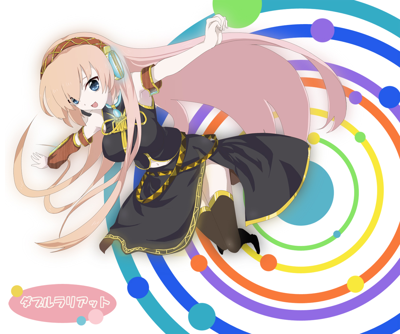 minatsuki randoseru, megurine luka, double lariat (vocaloid), vocaloid, bad id, bad pixiv id, blue eyes, headphones, long hair, midriff, navel, pink hair, smile, solo, thighhighs, very long hair