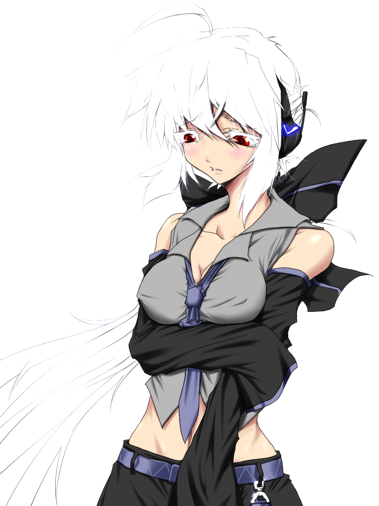 jin (mugenjin), yowane haku, vocaloid, silver hair, 1girl, ahoge, blush, breasts, cleavage, female focus, hair ribbon, headphones, headset, holding own arm, long hair, midriff, navel, necktie, ponytail, red eyes, ribbon, simple background, solo