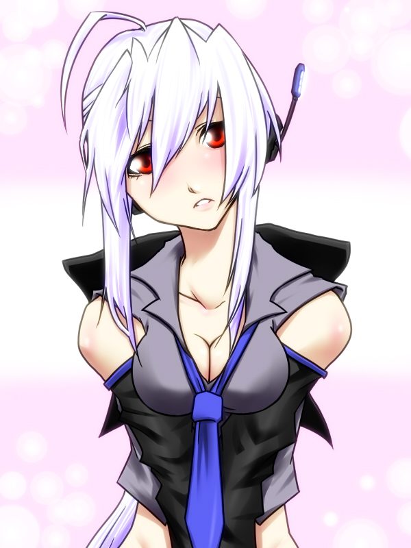 jin (mugenjin), yowane haku, vocaloid, silver hair, 1girl, ahoge, breasts, cleavage, female focus, headphones, headset, large breasts, long hair, necktie, red eyes, simple background, solo