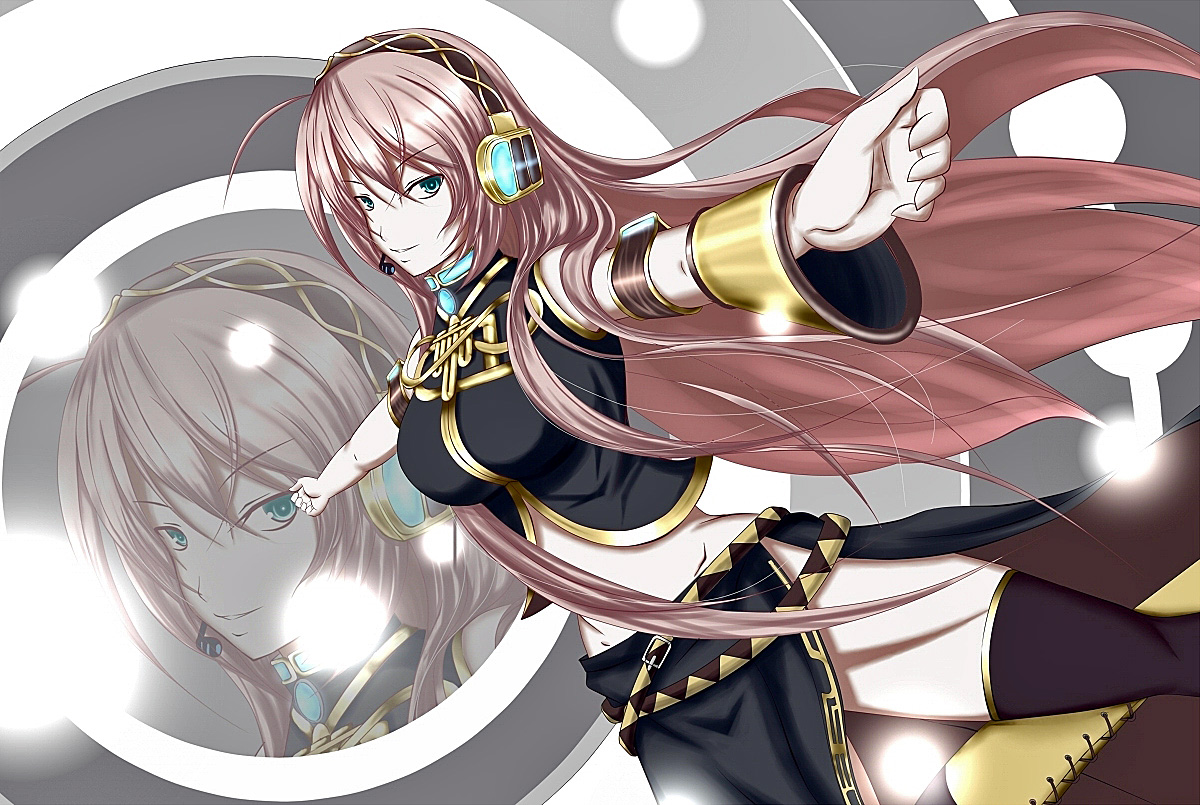 takonasu, megurine luka, double lariat (vocaloid), vocaloid, blue eyes, boots, headphones, long hair, midriff, navel, outstretched arms, pink hair, solo, spread arms, thighhighs, zoom layer