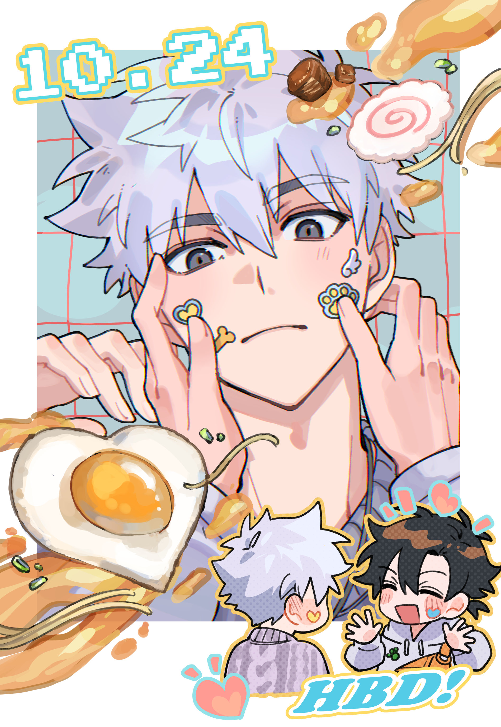 2101341bbb, cheng xiaoshi, lu guang, shiguang dailiren, absurdres, highres, 2boys, bacon, black eyes, black hair, blush, bread, bread slice, cheek pinching, chibi, closed eyes, closed mouth, dated, egg (food), food, fried egg, grey eyes, grid background, hair between eyes, hands on another's face, happy birthday, heart, hood, hoodie, long sleeves, looking at viewer, male focus, multiple boys, open mouth, pasta, pinching, short hair, smile, spaghetti, sweater, white hair, yaoi