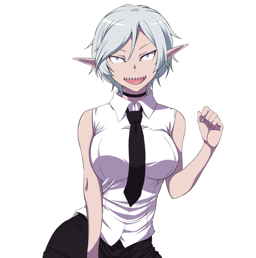 natsumi chorisuke, original, commentary, 1girl, black necktie, breasts, collared shirt, elf, large breasts, necktie, pointy ears, sharp teeth, shirt, short hair, simple background, solo, teeth, white background, white shirt