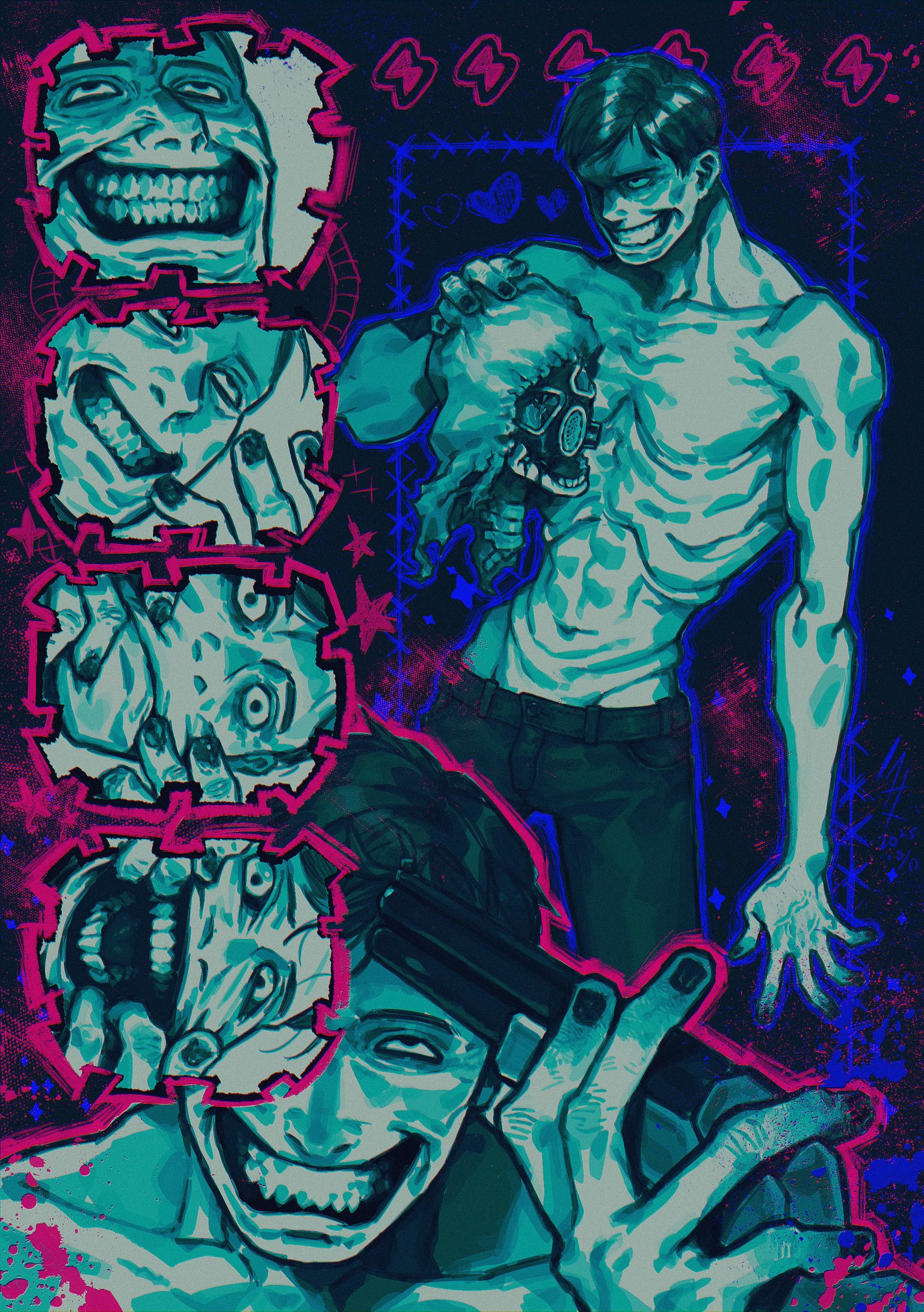 norasame (dagako), intruder (no i'm not a human), no i'm not a human, highres, 1boy, barbed wire, black background, black hair, black nails, black pants, closed mouth, emaciated, evil smile, fema agent (no i'm not a human), finger in own mouth, gun, heart, holding, holding detached head, holding gun, holding weapon, lightning bolt symbol, male focus, mask, open mouth, pale skin, pants, rolling eyes, smile, solo, tall male, teeth, topless male, weapon