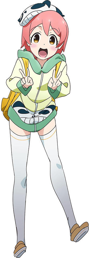 denkigai niwaka, akiba's trip, akiba's trip the animation, official art, 1girl, animal print, backpack, bag, bear print, brown eyes, double v, full body, hood, hoodie, looking at viewer, open mouth, panda hat, panda print, pink hair, short hair, smile, solo, standing, thighhighs, transparent background, v, white thighhighs