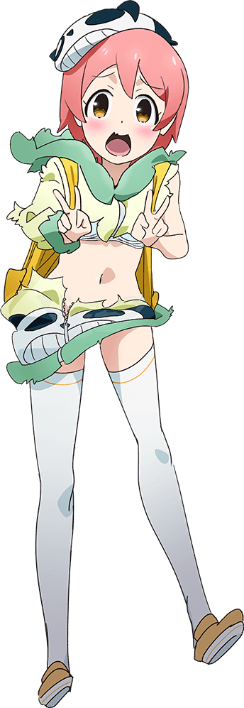 denkigai niwaka, akiba's trip, akiba's trip the animation, official art, 1girl, animal print, backpack, bag, bear print, blush, brown eyes, double v, embarrassed, full body, hood, hoodie, looking at viewer, midriff, navel, open mouth, panda hat, panda print, pink hair, short hair, smile, solo, standing, thighhighs, torn clothes, torn hoodie, transparent background, v, white thighhighs, zipper