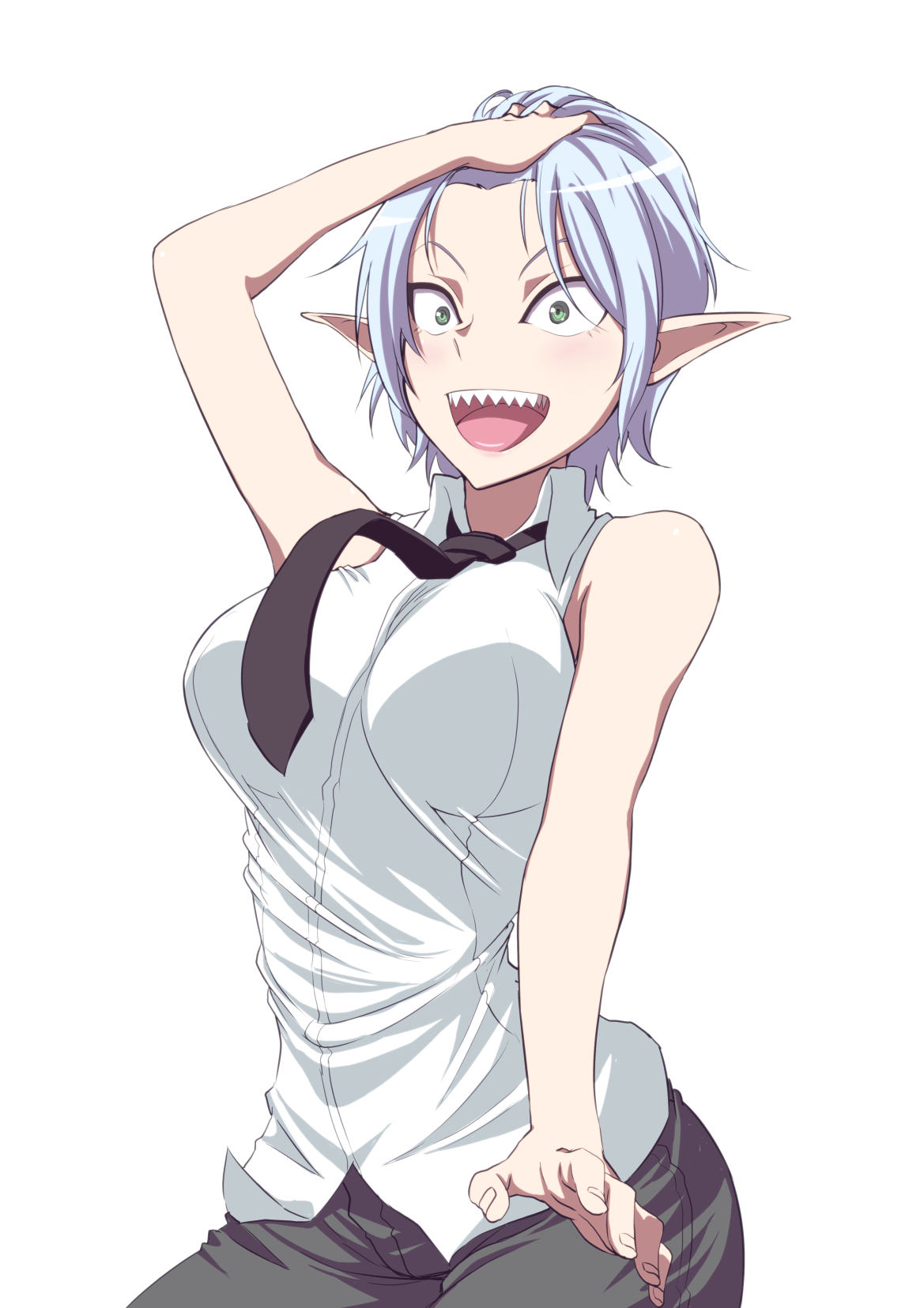 natsumi chorisuke, original, commentary, highres, 1girl, black necktie, breasts, collared shirt, elf, large breasts, necktie, open mouth, pointy ears, sharp teeth, shirt, short hair, simple background, solo, teeth, white background, white shirt