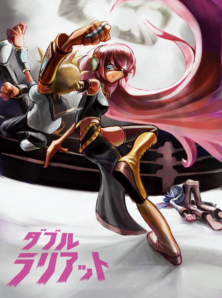 tnt (pixiv), tnt (tnt8823), kagamine len, kaito (vocaloid), megurine luka, double lariat (vocaloid), vocaloid, 1girl, 2boys, blonde hair, blood, blue eyes, blue hair, boots, clothesline, clotheslining, headphones, long hair, midriff, multiple boys, pink hair, punching, scarf, shorts, thighhighs, wrestling, wrestling ring