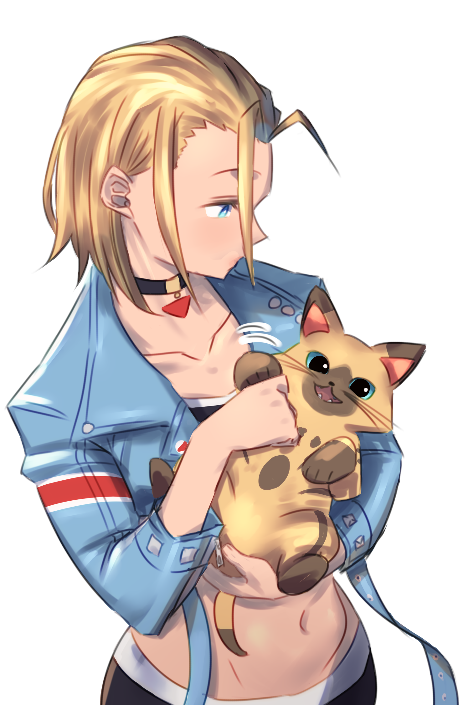 quanero, cammy white, felyne, capcom, monster hunter (series), street fighter, street fighter 6, highres, 1girl, animal, baby animal, black choker, black pants, black sports bra, blonde hair, blue eyes, blue jacket, brown cat, cat, choker, from above, holding, holding animal, holding cat, jacket, kitten, leather, leather jacket, open mouth, pants, petting, sports bra, triangle necklace, upper body, whiskers, white background