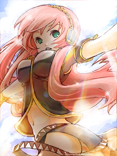 tadae, megurine luka, double lariat (vocaloid), vocaloid, breasts, green eyes, headphones, large breasts, midriff, navel, panties, pantyshot, pink hair, smile, underwear
