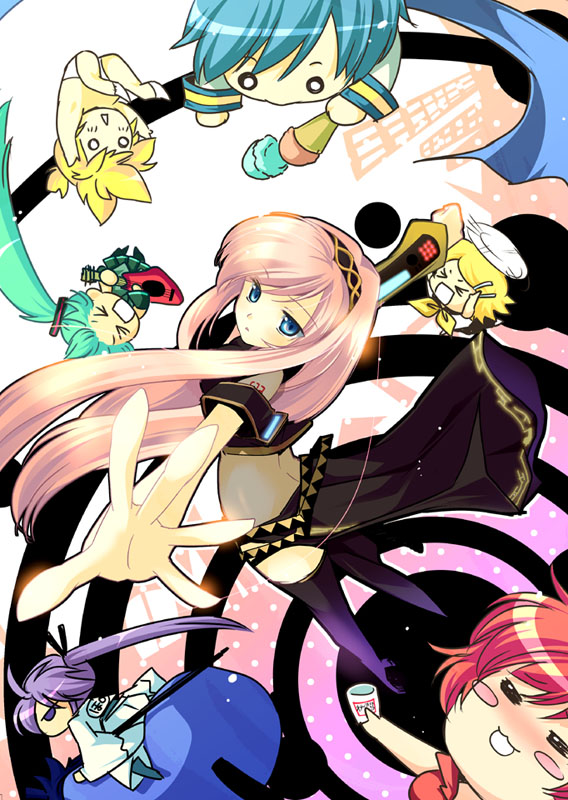 child-box, hatsune miku, kagamine len, kagamine rin, kaito (vocaloid), kamui gakupo, megurine luka, meiko (vocaloid), double lariat (vocaloid), vocaloid, bad id, bad pixiv id, > <, 3boys, 4girls, aqua hair, blonde hair, blue eyes, blue hair, briefs, brown hair, chibi, closed eyes, food, guitar, hair ornament, hairclip, ice cream, instrument, long hair, male underwear, midriff, multiple boys, multiple girls, pink hair, ponytail, purple hair, short hair, thighhighs, twintails, underwear